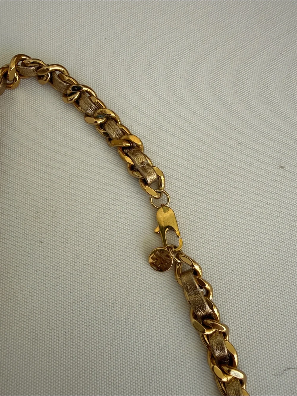 Tory Burch Gold-Tone Chain Necklace with Black Logo Pendant